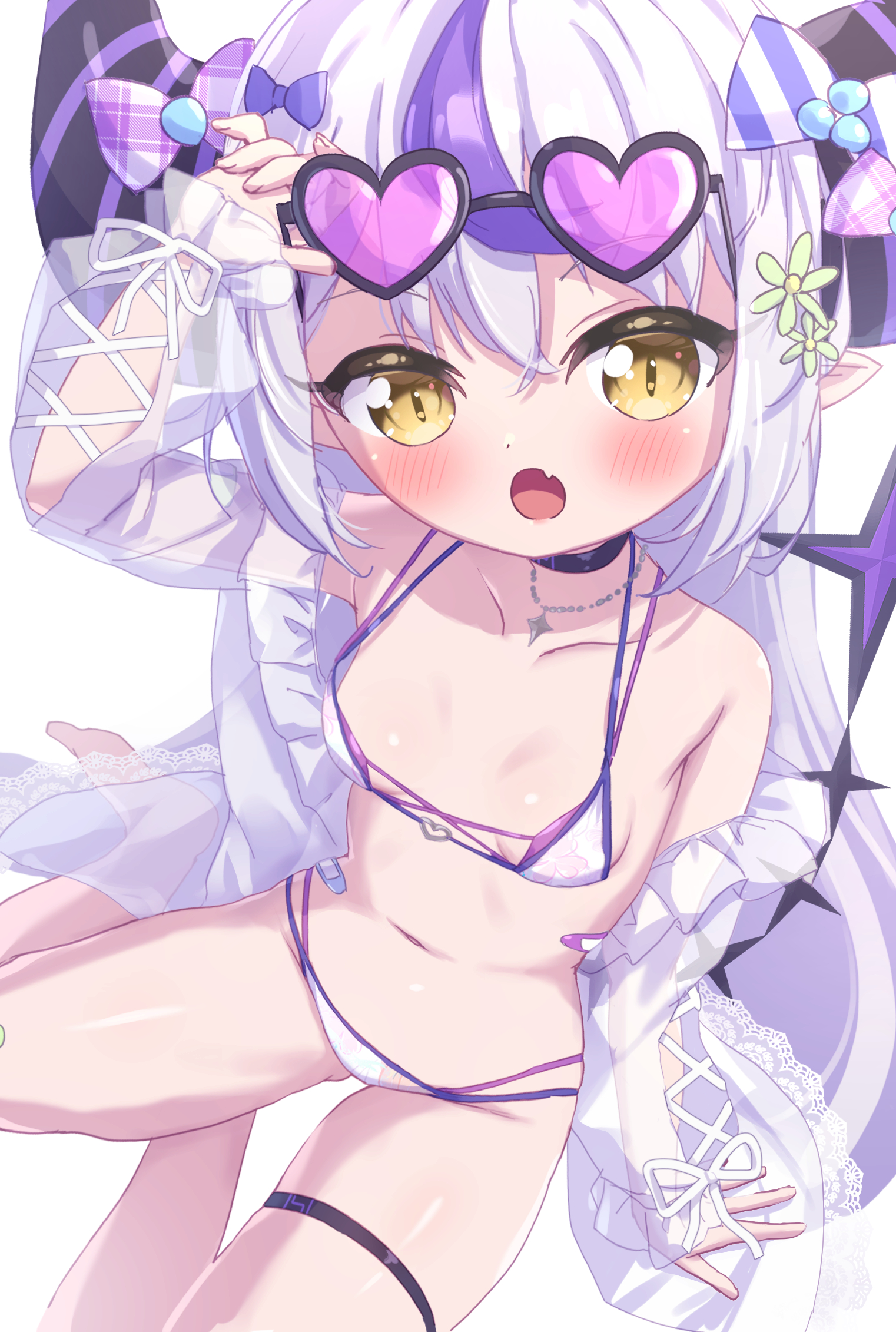 masaki (msk064), la+ darknesss, hololive, commentary request, highres, 1girl, :o, arm support, arm up, barefoot, bikini, bikini under clothes, black-framed eyewear, blush, breasts, brown eyes, demon girl, demon horns, fang, groin, hair between eyes, heart, heart-shaped eyewear, horns, jacket, long hair, long sleeves, multi-strapped bikini bottom, multicolored hair, navel, off shoulder, open clothes, open jacket, open mouth, pink-tinted eyewear, pointy ears, puffy long sleeves, puffy sleeves, purple hair, see-through clothes, see-through jacket, simple background, sitting, skindentation, sleeves past wrists, small breasts, solo, streaked hair, sunglasses, swimsuit, thigh strap, tinted eyewear, very long hair, virtual youtuber, white background, white bikini, white hair