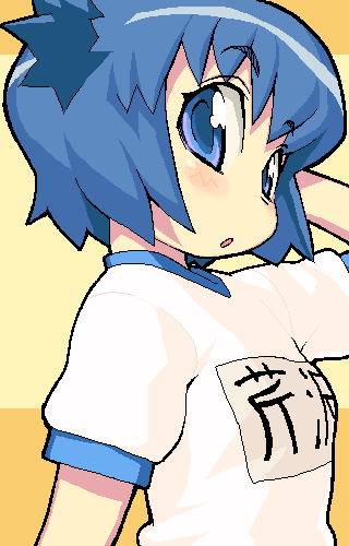 hijiri rei, serizawa akane, pani poni dash!, lowres, 00s, 1girl, :o, arm up, blue eyes, blue hair, blush, female focus, gym uniform, looking at viewer, matching hair/eyes, name tag, parted lips, shirt, short hair, solo, sportswear, white shirt