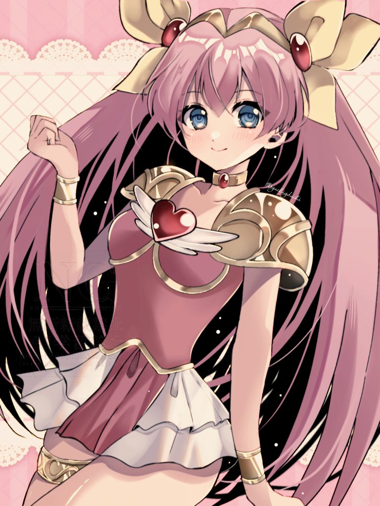 yuzuchi (yuchiyduchi), hanasaki momoko, wedding peach, ai tenshi densetsu wedding peach, commentary request, 1girl, armor, blue eyes, bow, bracer, breasts, brooch, closed mouth, cowboy shot, frills, gem, gold choker, gold thighlet, hair bow, hand up, headpiece, heart, heart brooch, jewelry, leotard, long hair, looking at viewer, magical girl, pink background, pink hair, red gemstone, red leotard, shoulder armor, solo, thighlet, thighs, very long hair, wing brooch, yellow bow