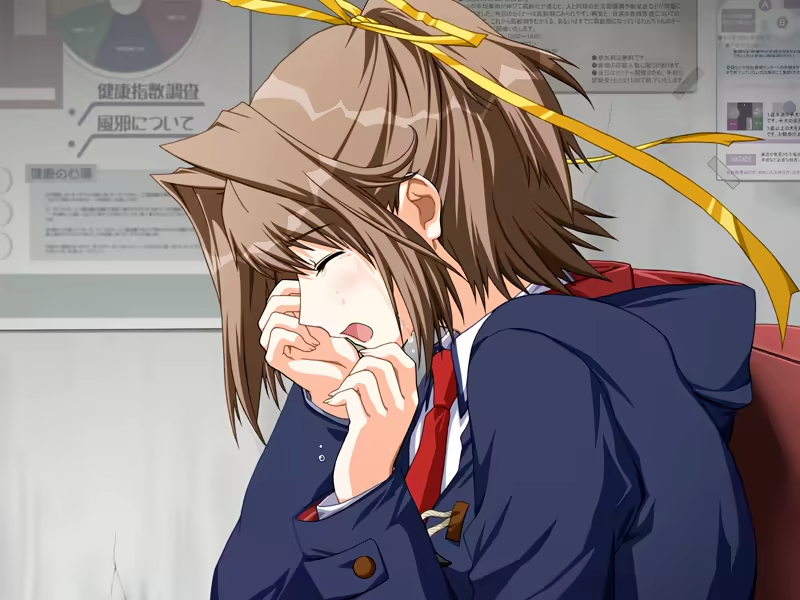 kanno touko, kanzaki chihiro, doko e iku no ano hi, game cg, non-web source, 1girl, black coat, brown hair, closed eyes, closed mouth, coat, crying, from side, open mouth, ribbon, short hair, tears, yellow ribbon
