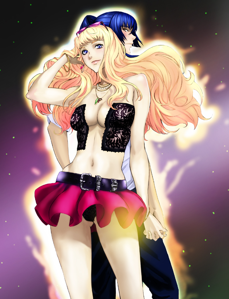 nekoi mie, saotome alto, sheryl nome, macross, macross frontier, 00s, 1boy, 1girl, adjusting hair, back-to-back, black panties, blonde hair, blue eyes, blue hair, blush, breasts, cleavage, earrings, hetero, holding hands, jewelry, midriff, miniskirt, necklace, panties, pantyshot, skirt, star (symbol), underwear