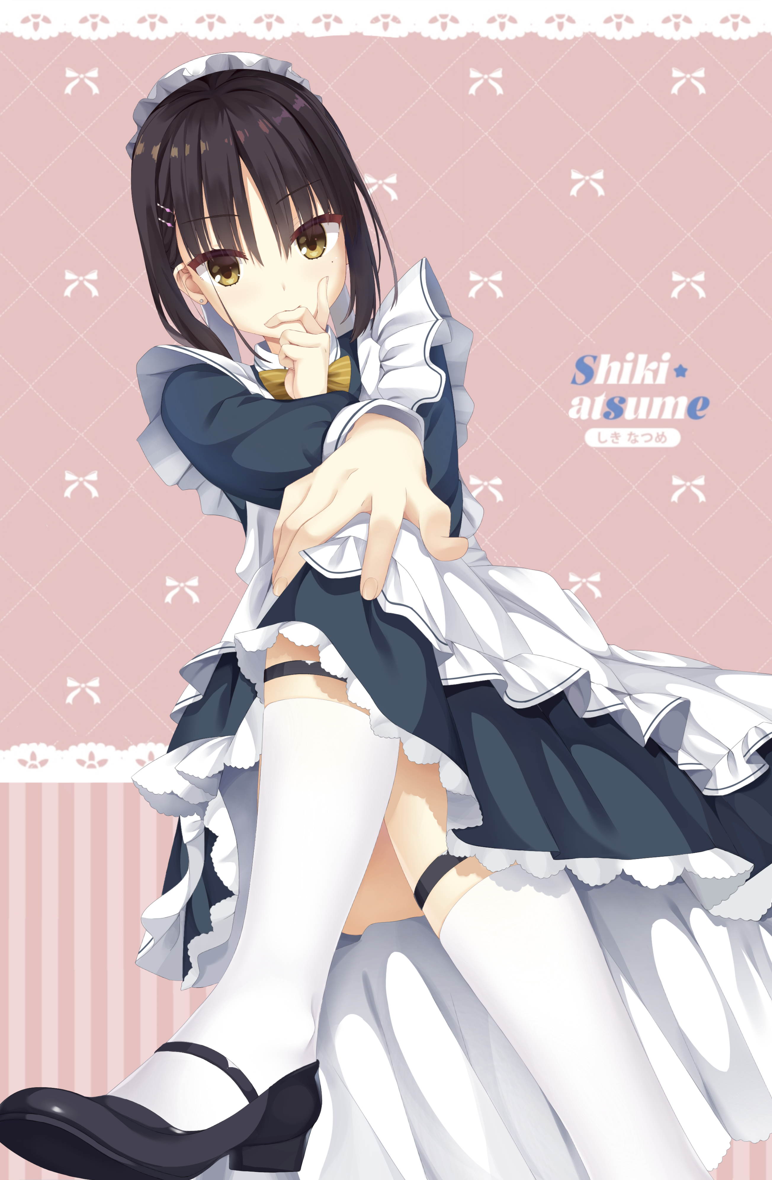 shiki natsume, cafe stella to shinigami no chou, absurdres, chinese commentary, commentary request, highres, 1girl, ankle strap, apron, black dress, black hair, black shoes, bow, bowtie, bun cover, character name, closed mouth, convenient leg, crossed legs, dress, dutch angle, earrings, eyelashes, eyes visible through hair, finger to mouth, foot out of frame, foreshortening, frilled apron, frilled dress, frills, from below, hair between eyes, hair bun, hair ornament, hairclip, hand on own knee, index finger raised, jewelry, kneehighs, light smile, long sleeves, looking at viewer, maid, maid apron, mary janes, medium hair, mole, mole under eye, parallel hairclips, pink background, shoes, sidelocks, simple background, single hair bun, sitting, socks, solo, star (symbol), striped bow, striped bowtie, striped clothes, stud earrings, tsurime, upskirt, white apron, white socks, yellow bow, yellow bowtie, yellow eyes, yuan63901