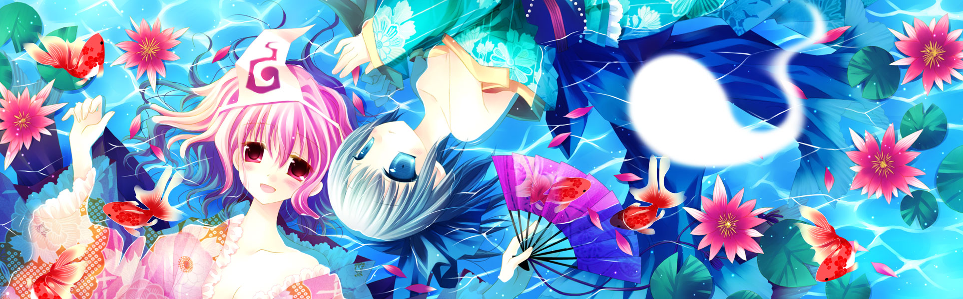 hinayuki usa, sakurazawa izumi, konpaku youmu, konpaku youmu (ghost), saigyouji yuyuko, touhou, highres, long image, wide image, 2girls, bare shoulders, blue eyes, blue hair, female focus, fish, flower, folding fan, goldfish, hairband, hand fan, hitodama, japanese clothes, kimono, lily pad, lotus, lying, multiple girls, petals, pink hair, red eyes, short hair, water
