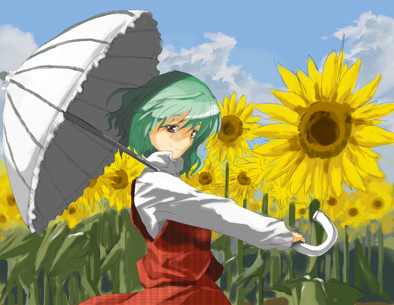 yohane, kazami yuuka, touhou, 1girl, cloud, day, female focus, field, flower, flower field, green hair, light smile, nature, parasol, plaid clothes, plaid skirt, plaid vest, red eyes, short hair, skirt, skirt set, solo, sunflower, sunflower field, umbrella, unmoving pattern, vest