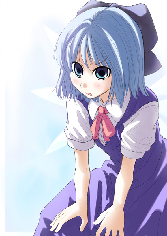 bonkara (sokuseki maou), cirno, embodiment of scarlet devil, touhou, 1girl, blue bow, blue dress, blue eyes, blue hair, bow, collared shirt, dress, female focus, hair bow, matching hair/eyes, puffy short sleeves, puffy sleeves, red ribbon, ribbon, shirt, short hair, short sleeves, sleeveless, sleeveless dress, solo, white shirt