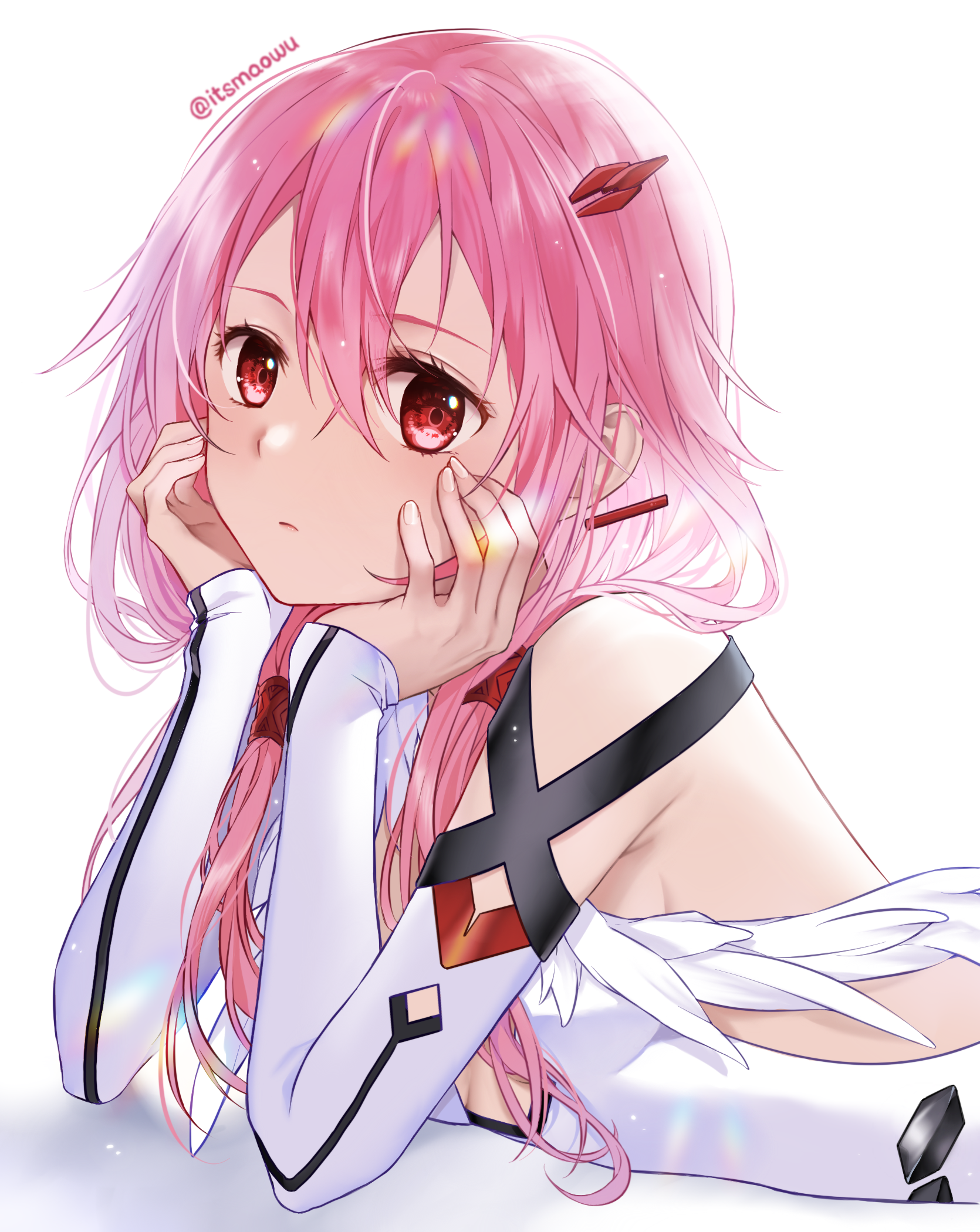 istriri, yuzuriha inori, guilty crown, highres, 1girl, backless dress, backless outfit, bare shoulders, breasts, cleavage, dress, hair between eyes, hair ornament, hair tubes, hairclip, hands on own cheeks, hands on own face, long hair, long sleeves, looking at viewer, lying, official alternate costume, pink hair, red eyes, simple background, small breasts, solo, twintails, upper body, white background, white dress