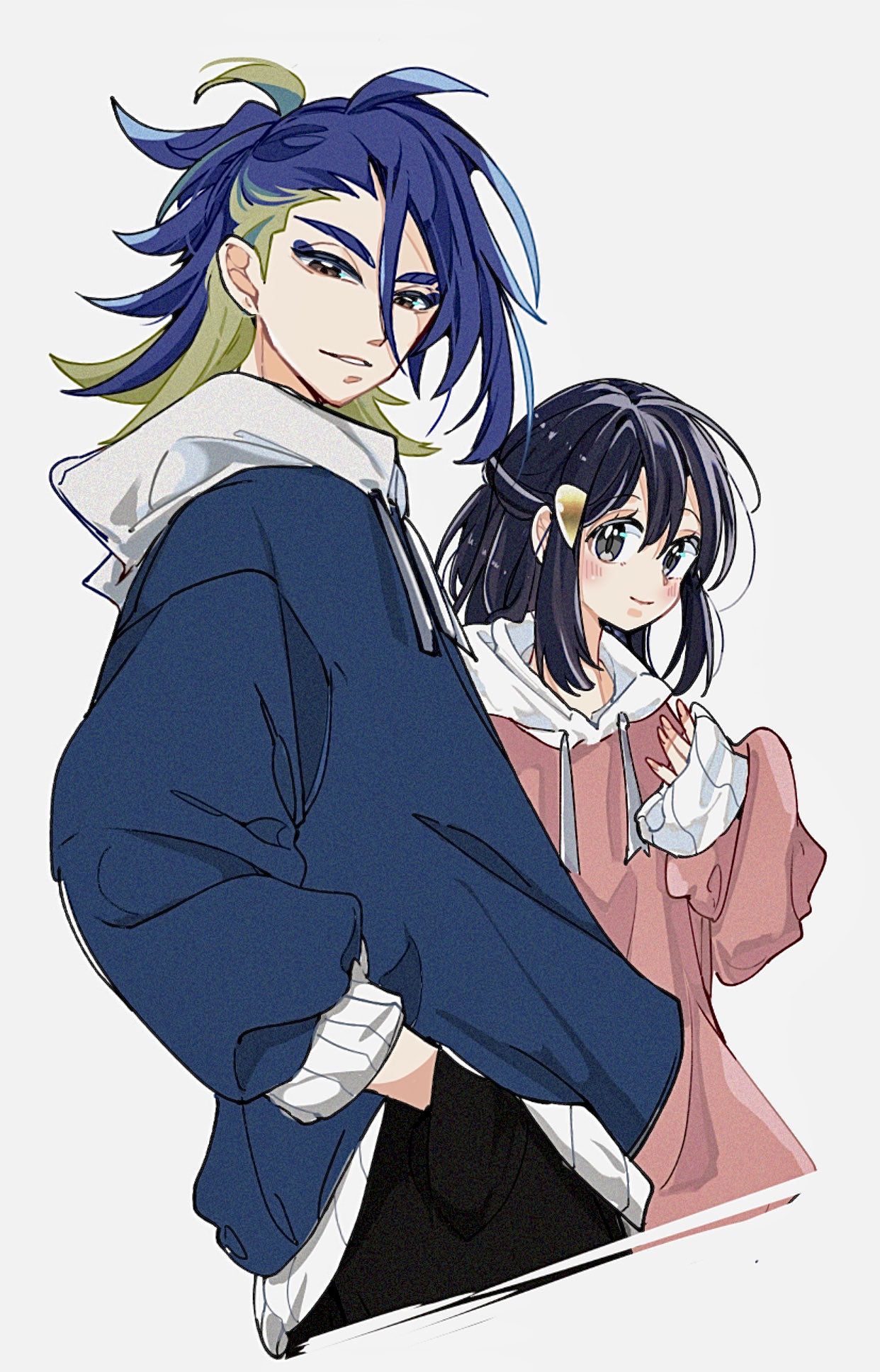 cocoa s3, adaman (pokemon), akari (pokemon), nintendo, pokemon, pokemon legends: arceus, highres, 1boy, 1girl, alternate costume, black hair, black pants, blue hair, blue hoodie, blush, brown eyes, closed mouth, eyebrow cut, green hair, grey eyes, hair ornament, hand in pocket, hood, hood down, hoodie, long hair, long sleeves, looking at viewer, multicolored hair, pants, parted lips, pink hoodie, sidelocks, simple background, smile