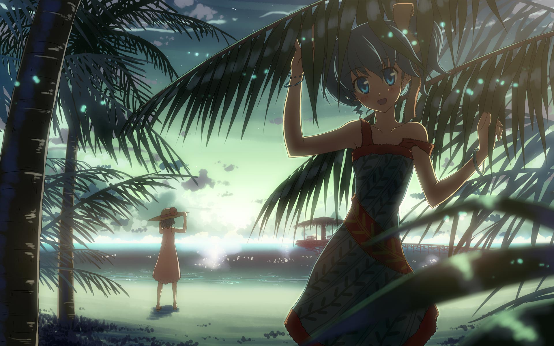 seha, yuuki tatsuya, djmax, djmax portable, ladymade star, original, highres, 2girls, beach, blue eyes, blue hair, hat, multiple girls, palm tree, ponytail, purple hair, short hair, siblings, side ponytail, sisters, solo focus, strap slip, tree, twins, water