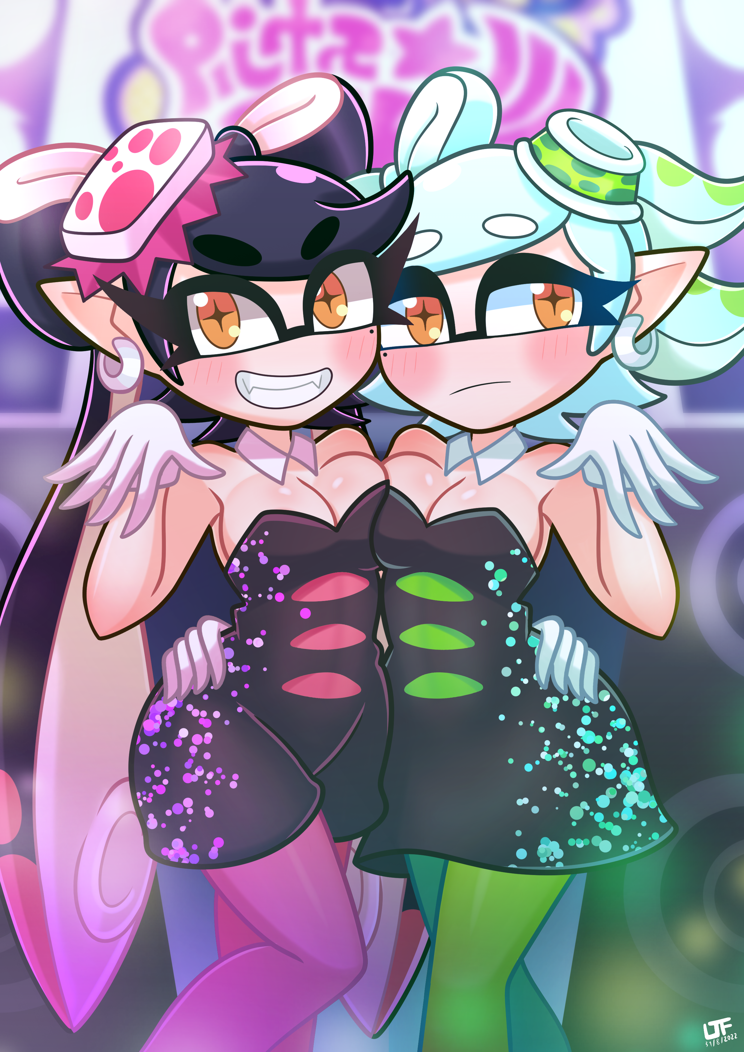 lezakit, callie (splatoon), marie (splatoon), nintendo, splatoon (series), splatoon 3, 2girls, black dress, black hair, breast press, breasts, cleavage, closed mouth, collar, detached collar, dress, embarrassed, eyebrows hidden by hair, eyelashes, fangs, feet out of frame, female focus, gloves, green dress, green pantyhose, grin, hand on another's waist, hand up, happy, inkling, long hair, looking at viewer, medium breasts, multiple girls, pantyhose, pink dress, pink pantyhose, pointy ears, short hair, siblings, sisters, smile, standing, star-shaped pupils, star (symbol), strapless, strapless dress, symbol-shaped pupils, symmetrical docking, tentacle hair, thick eyebrows, twintails, two-tone dress, white collar, white hair, yellow eyes