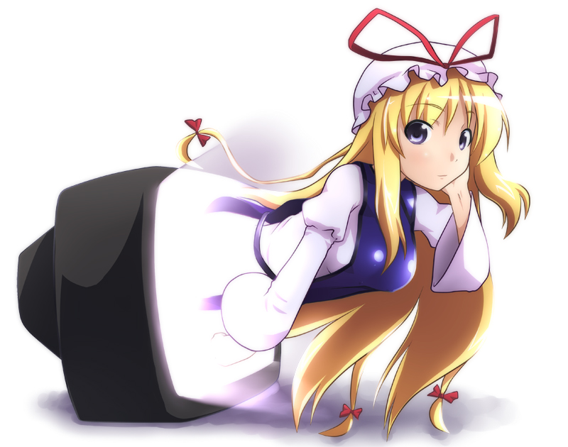kusaba, kusaba (kusabashiki), hatsune miku, yakumo yukari, touhou, vocaloid, 1girl, blonde hair, blue eyes, blush, dress, female focus, frills, hat, long hair, long sleeves, looking at viewer, mob cap, smile, solo, tabard, television, through medium, through screen, very long hair, white dress