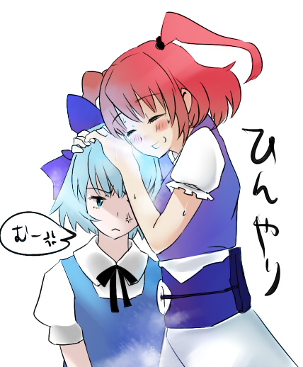 mugishima orie, cirno, onozuka komachi, phantasmagoria of flower view, touhou, 2girls, :d, ^ ^, anger vein, blue dress, blue eyes, blue hair, blush, closed eyes, dress, expressionless, female focus, hug, multiple girls, mundane utility, open mouth, puffy short sleeves, puffy sleeves, red hair, shaded face, short hair, short sleeves, smile, talking, text focus, twintails, two side up, upper body