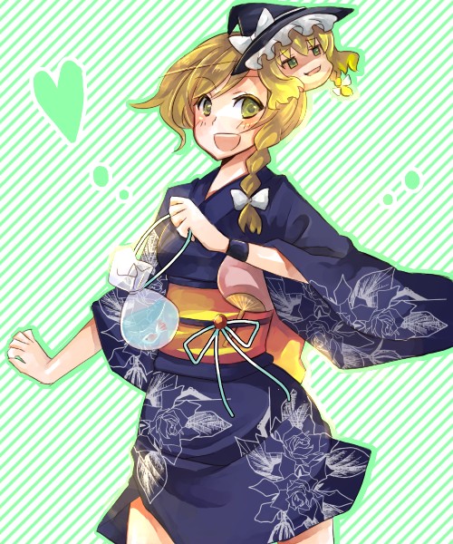 yutsuka, yutsuka (amyucca), kirisame marisa, touhou, 1girl, bag, blonde hair, female focus, fish, goldfish, japanese clothes, solo, yukkuri shiteitte ne
