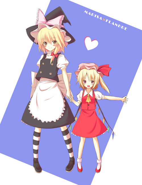 huei nazuki, flandre scarlet, kirisame marisa, touhou, black footwear, red footwear, striped legwear, 2girls, age difference, apron, blonde hair, blush, bow, brown eyes, character name, child, dress, female focus, full body, hair bow, hat, hat bow, heart, height difference, holding hands, kneehighs, mob cap, multiple girls, onee-loli, pantyhose, red eyes, shoes, side ponytail, smile, socks, standing, striped clothes, striped pantyhose, wings, witch hat, yuri