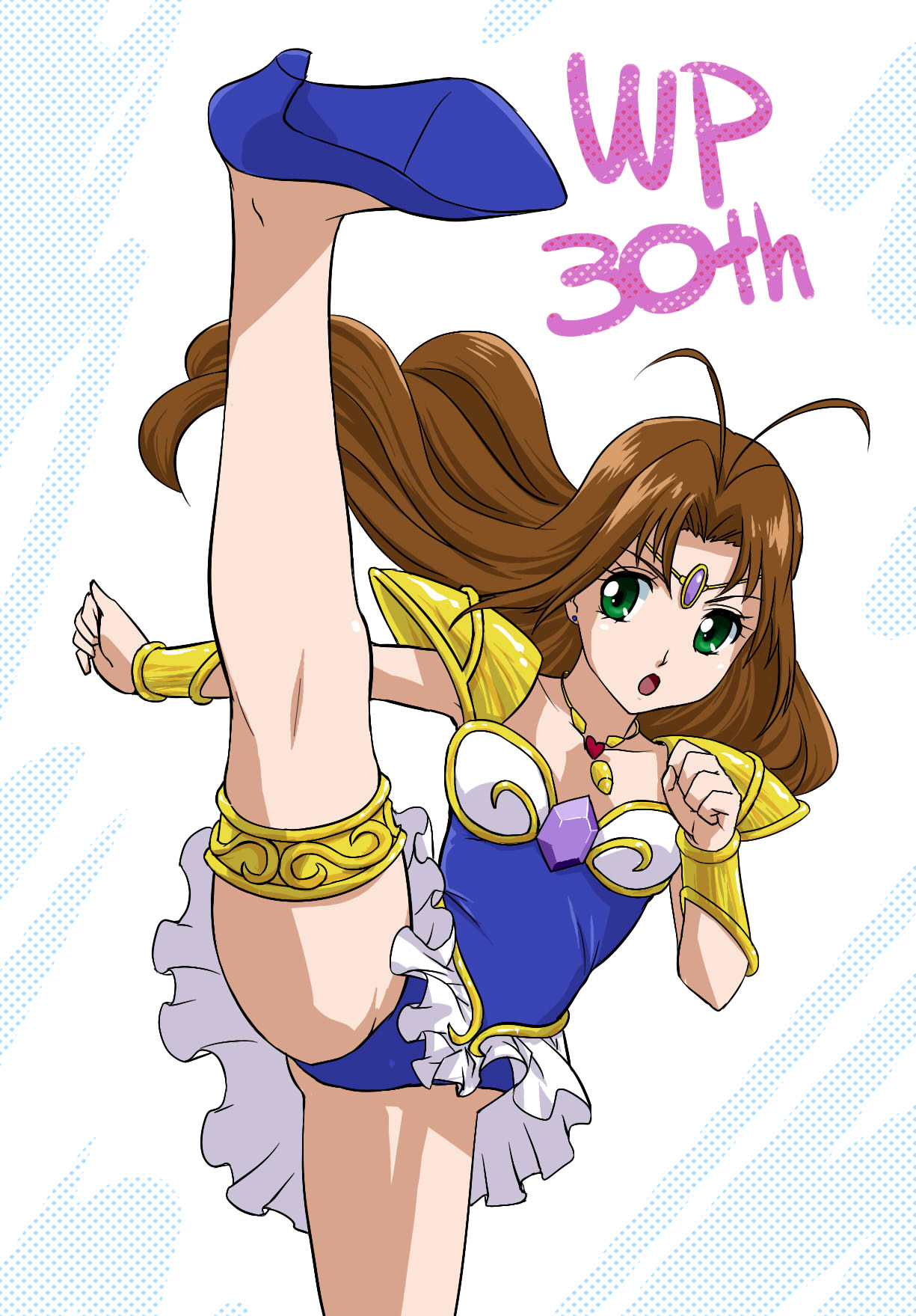 angel lily, ai tenshi densetsu wedding peach, highres, 1girl, blue leotard, brown hair, green eyes, leotard