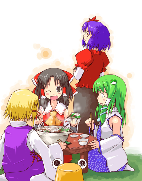 kanoe soushi, hakurei reimu, kochiya sanae, moriya suwako, yasaka kanako, touhou, 4girls, blonde hair, brown hair, cup, detached sleeves, eating, female focus, food, frog hair ornament, green eyes, green hair, hair ornament, hat, long sleeves, multiple girls, nontraditional miko, one eye closed, plate, profile, purple hair, red eyes, short hair, sidelocks, simple background, table, tatami, unworn hat, unworn headwear, white background, wink
