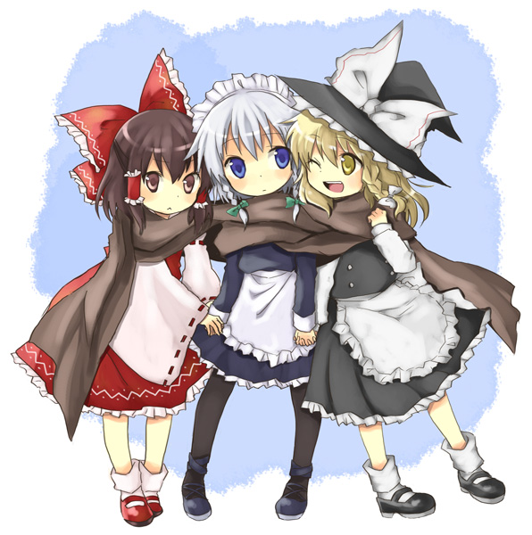 miya (tsumazukanai), hakurei reimu, izayoi sakuya, kirisame marisa, perfect cherry blossom, touhou, 3girls, ;d, aged down, blonde hair, child, female focus, girl sandwich, multiple girls, one eye closed, open mouth, pantyhose, sandwiched, scarf, shared clothes, shared scarf, smile