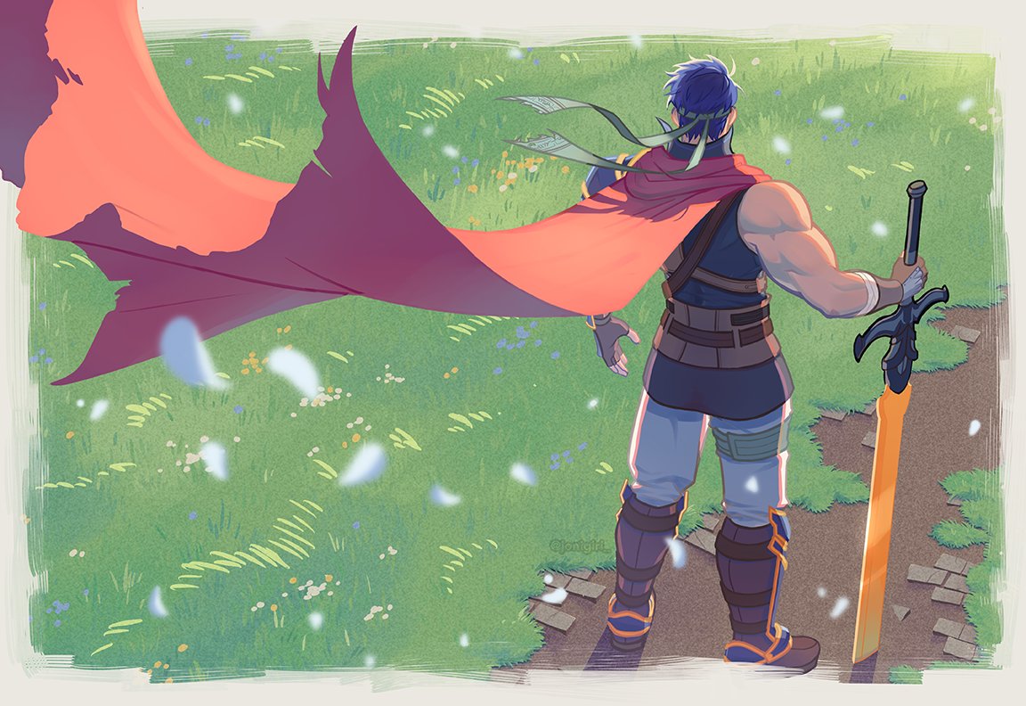 jon (jonigiri), ike (fire emblem), fire emblem, fire emblem: path of radiance, nintendo, commentary, english commentary, 1boy, blue hair, blue tunic, boots, border, brown gloves, cape, falling petals, field, fingerless gloves, floating headgear, from behind, gloves, grass, headband, headgear, male focus, muscular, muscular male, pants, path, petals, planted, planted sword, planted weapon, red cape, road, short hair, sleeveless, standing, sword, tunic, weapon, white pants