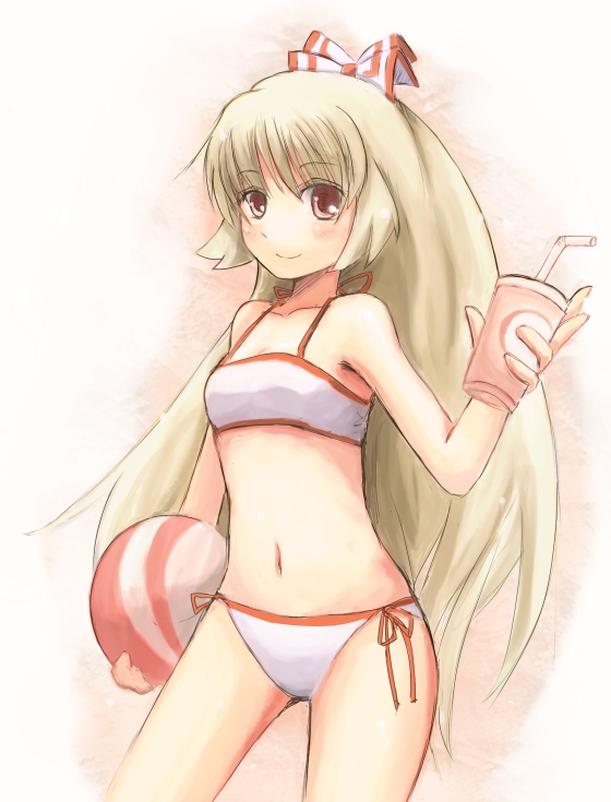 kokotetsu, fujiwara no mokou, touhou, 1girl, bikini, bow, female focus, gradient background, hair bow, side-tie bikini bottom, solo, swimsuit, white background, white bikini