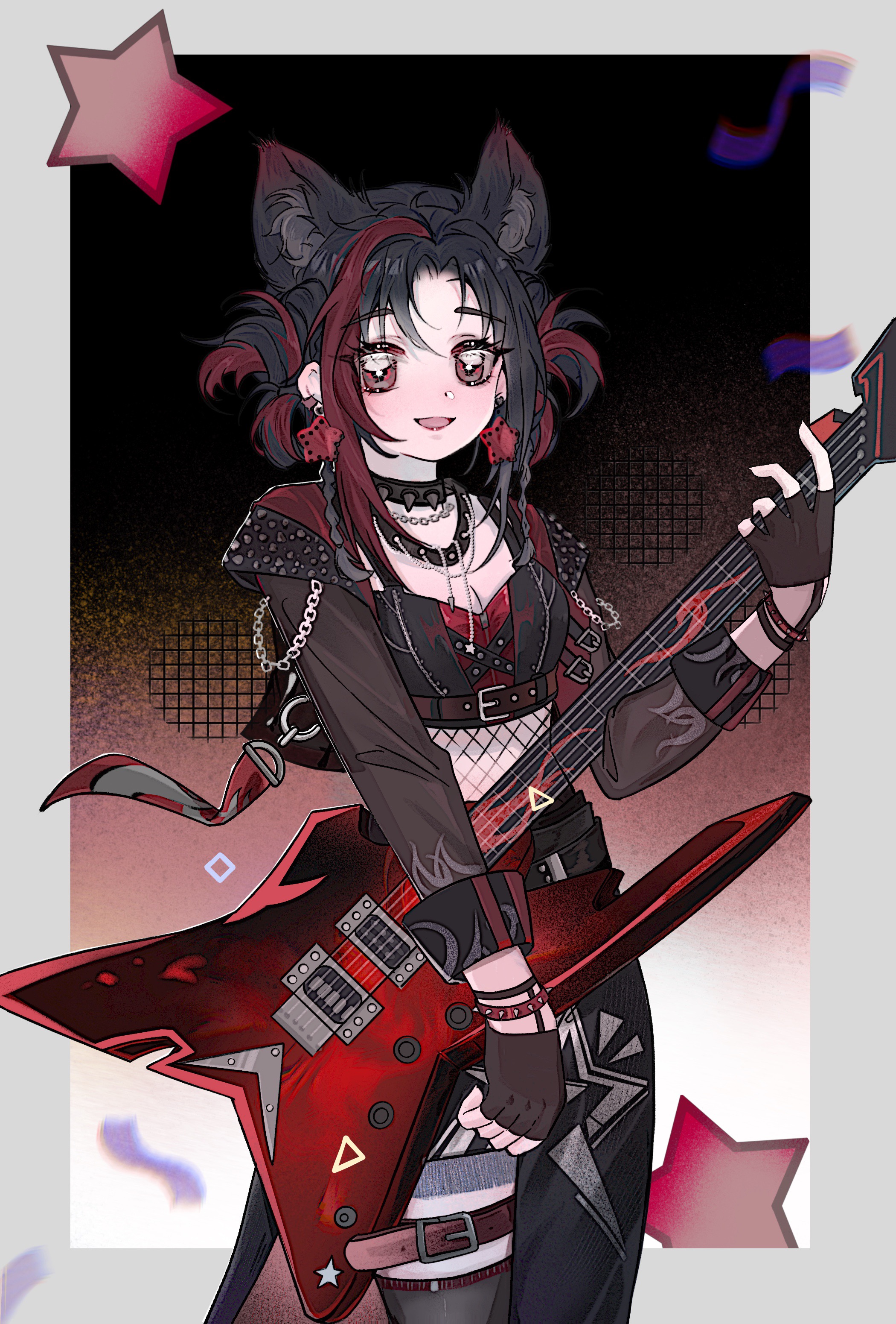 infinity nikki, nikki (series), absurdres, chinese commentary, commentary request, highres, procreate (medium), + +, 1girl, animal ear fluff, animal ears, belt, belt buckle, black background, black belt, black choker, black gloves, black hair, black shirt, black skirt, black sleeve cuffs, black thighhighs, border, bracelet, breasts, brown belt, brown eyes, buckle, chain, chest belt, choker, cleavage, collared jacket, confetti, counterflow concerto (infinity nikki), cowboy shot, crop top, dot nose, electric guitar, extra ears, eyelashes, fingerless gloves, fishnets, gloves, gradient background, grey border, grey jacket, grid background, guitar, hair rings, hair tie, huaerdileichenghua, instrument, jacket, jewelry, kemonomimi mode, leather, leather jacket, light blush, lips, long skirt, long sleeves, looking at viewer, midriff, multicolored hair, multiple bracelets, music, necklace, open clothes, open jacket, open mouth, outside border, parted bangs, pink lips, playing guitar, playing instrument, print skirt, punk, red background, red belt, red hair, red shirt, shirt, short hair with long locks, side slit, skirt, sleeve cuffs, sleeveless, sleeveless shirt, smile, solo, spiked choker, spikes, standing, star (symbol), star print, streaked hair, studded belt, studded bracelet, thigh belt, thigh strap, thighhighs, two-tone background, two-tone hair, two-tone shirt, wolf ears