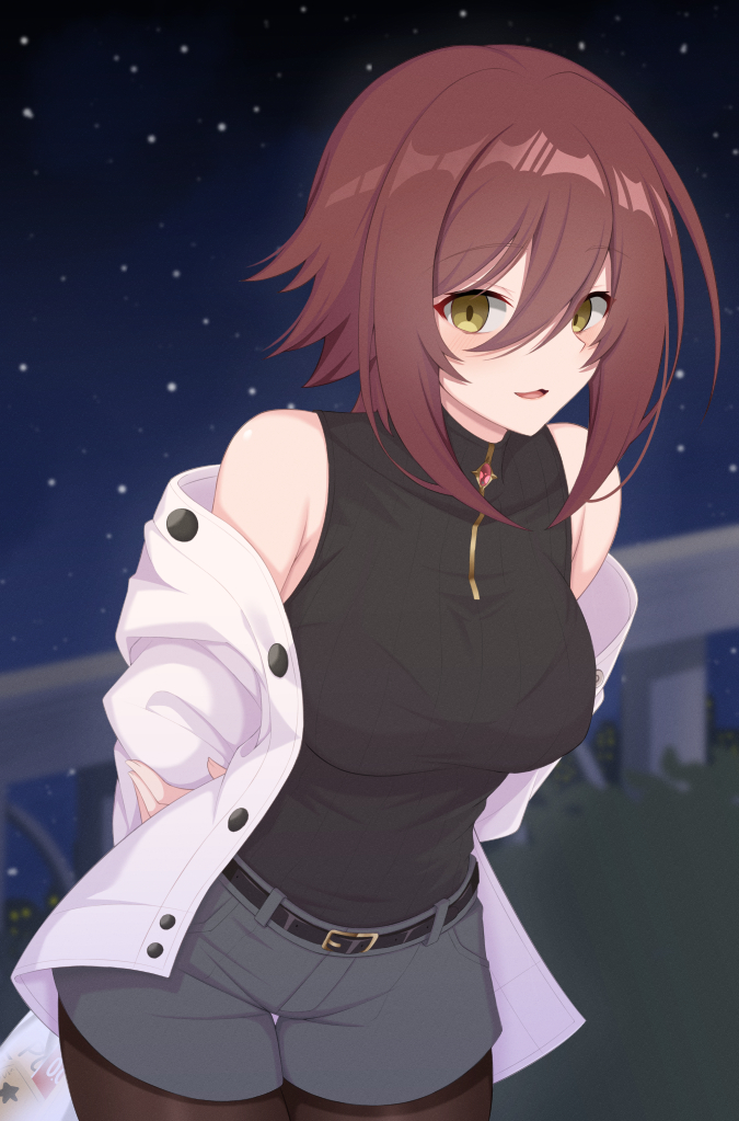 iseshi, aira (princess connect!), princess connect!, commentary request, 1girl, arm behind back, bag, bare shoulders, belt, belt buckle, black belt, black shirt, breasts, brown eyes, brown hair, brown pantyhose, buckle, covered collarbone, grey shorts, hair between eyes, hand on own elbow, jacket, long hair, looking at viewer, medium breasts, night, night sky, off shoulder, open clothes, open jacket, outdoors, pantyhose, pantyhose under shorts, parted lips, shirt, short shorts, shorts, sky, sleeveless, sleeveless shirt, smile, solo, star (sky), starry sky, white jacket