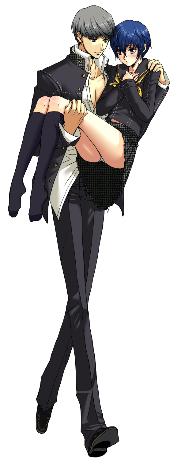 hirose wataru, komine minamo, narukami yu, shirogane naoto, atlus, persona, persona 4, highres, 1boy, 1girl, blue hair, blush, carrying, couple, embarrassed, grey hair, hetero, long sleeves, no shoes, open clothes, open shirt, panties, pantyshot, princess carry, school uniform, serafuku, shirt, short hair, skirt, socks, striped clothes, striped panties, underwear, unmoving pattern, upskirt