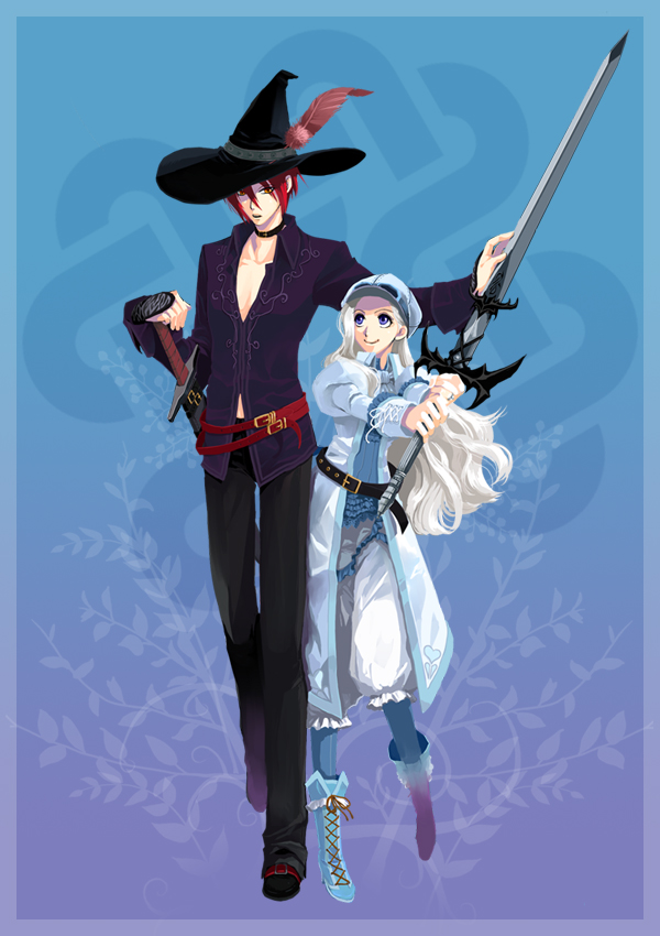 hirose wataru, komine minamo, player character (mabinogi), mabinogi, bad id, bad pixiv id, 1boy, 1girl, bloomers, hat, long hair, smile, sword, underwear, weapon, white hair