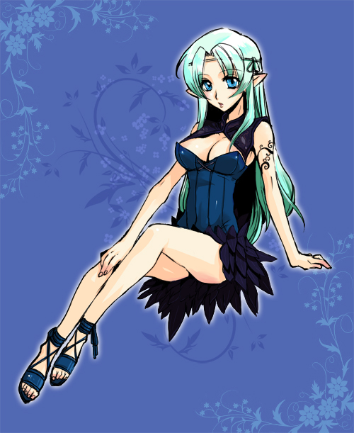 hirose wataru, komine minamo, player character (mabinogi), mabinogi, bad id, bad pixiv id, 1girl, blue eyes, breasts, cleavage, female focus, green hair, long hair, pointy ears, solo