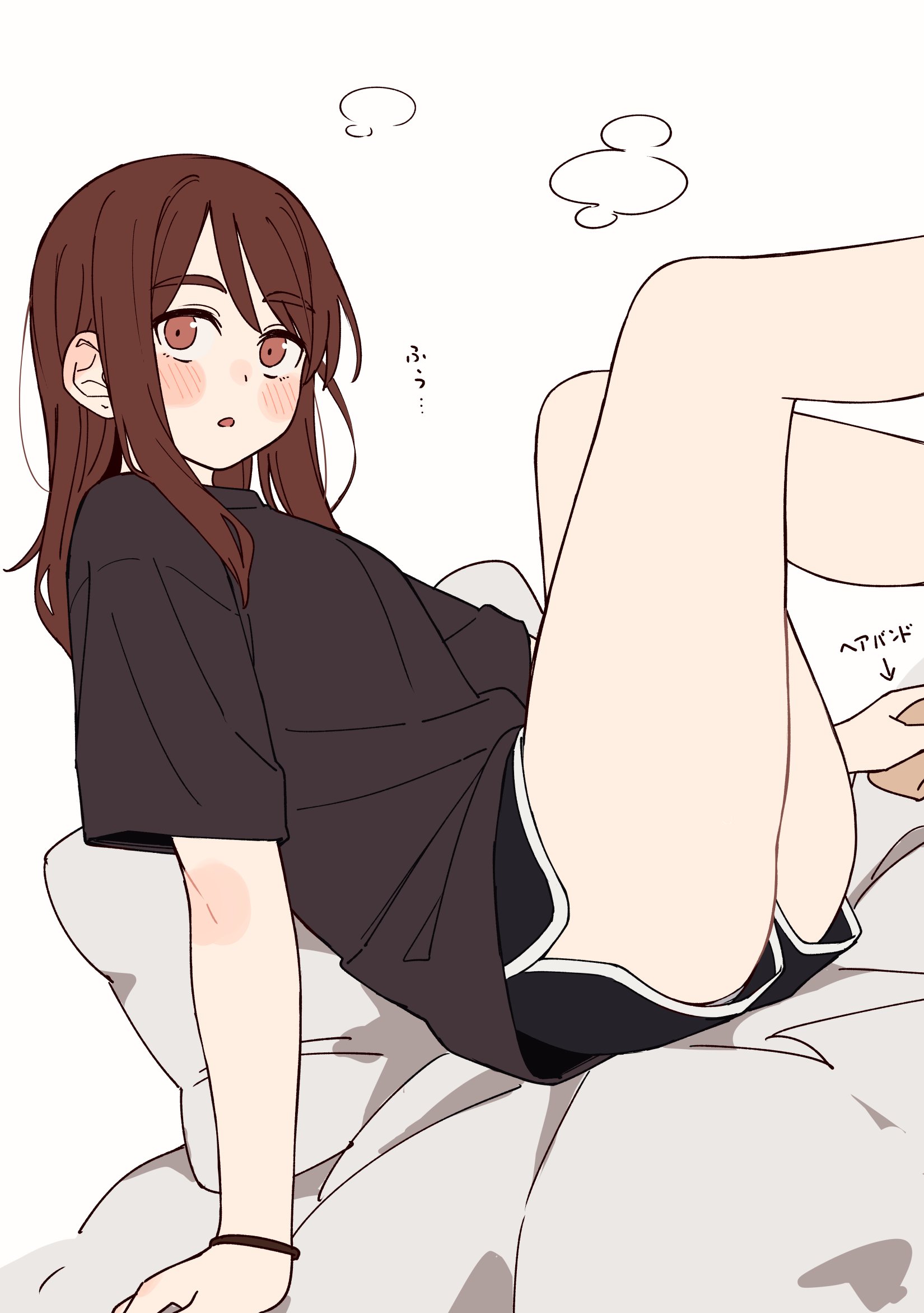 kapatarou, original, highres, 1girl, bed sheet, black shirt, black shorts, blush, brown eyes, brown hair, dolphin shorts, feet out of frame, hair between eyes, long hair, shirt, short shorts, shorts, sitting, thick eyebrows