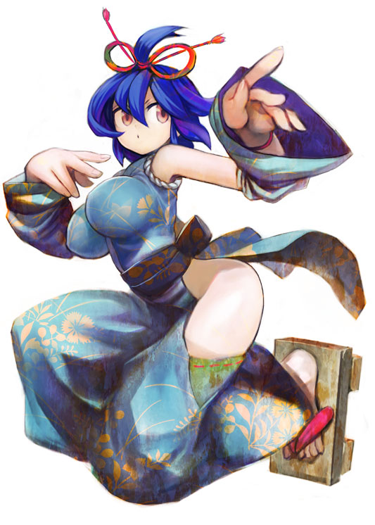 kodama yuuki, original, 1girl, blue hair, clog sandals, closed mouth, detached sleeves, dot mouth, female focus, japanese clothes, kneeling, on one knee, short hair, solo