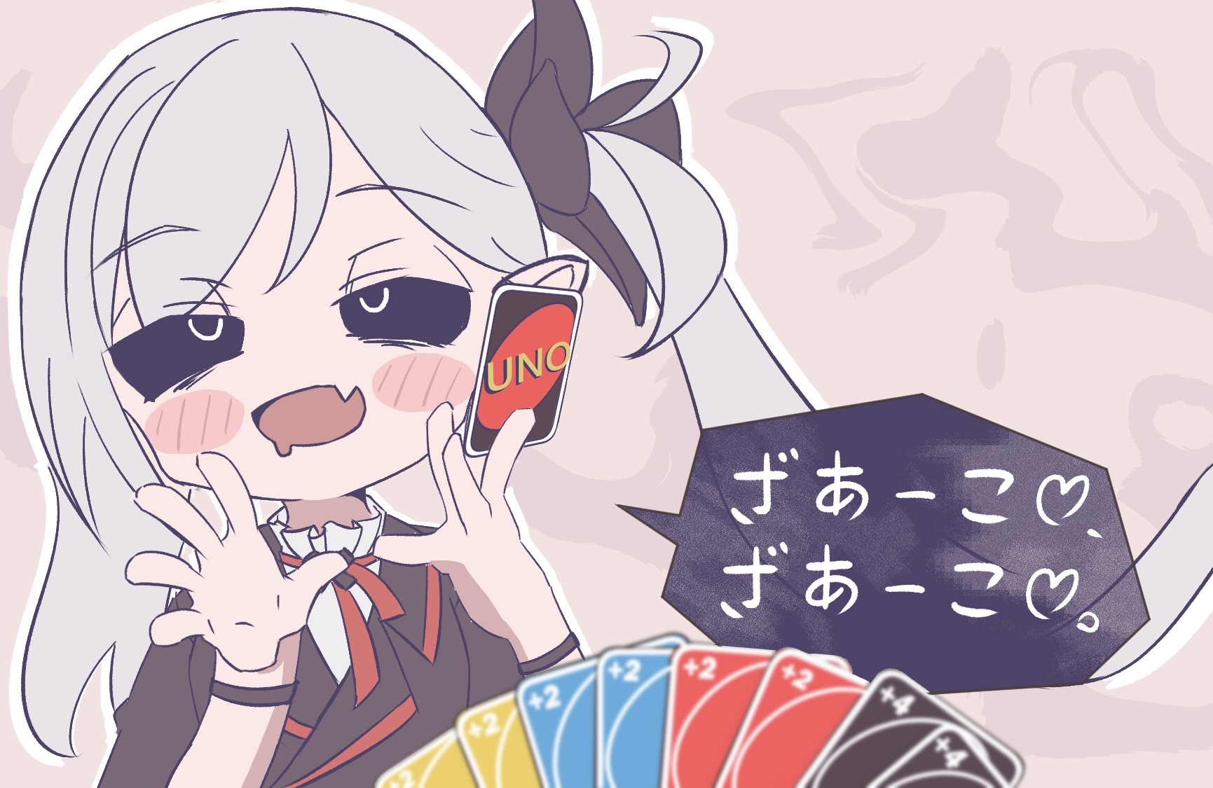 ayo5108, mutsuki (blue archive), blue archive, mimukauwa nice try (vocaloid), highres, translation request, 1girl, :d, arms up, black sclera, blush stickers, colored sclera, fang, grey hair, open mouth, side ponytail, skin fang, smile, solo, whispering