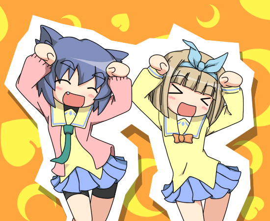 k10k, kurusu yuzuko, serizawa akane, pani poni dash!, > <, 00s, 1girl, caramelldansen, closed eyes, shorts under skirt