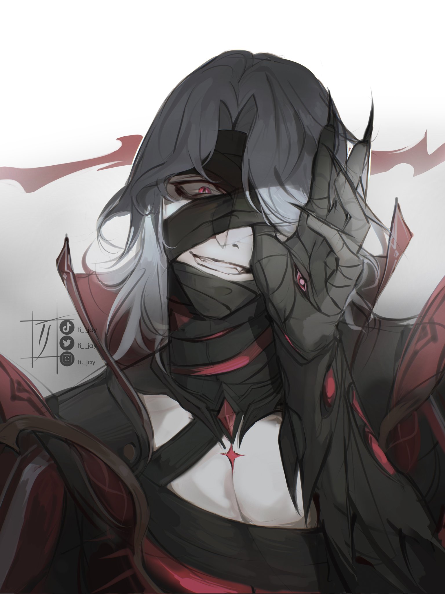 lulix, rerir (genshin impact), genshin impact, commentary, highres, 1boy, arm up, bandaged head, bandages, cape, collared cape, fingernails, grey hair, grin, hand eye, looking down, male focus, mystical high collar, one eye covered, parted hair, red eyes, sanpaku, sharp fingernails, smile, solo, teeth, upper body