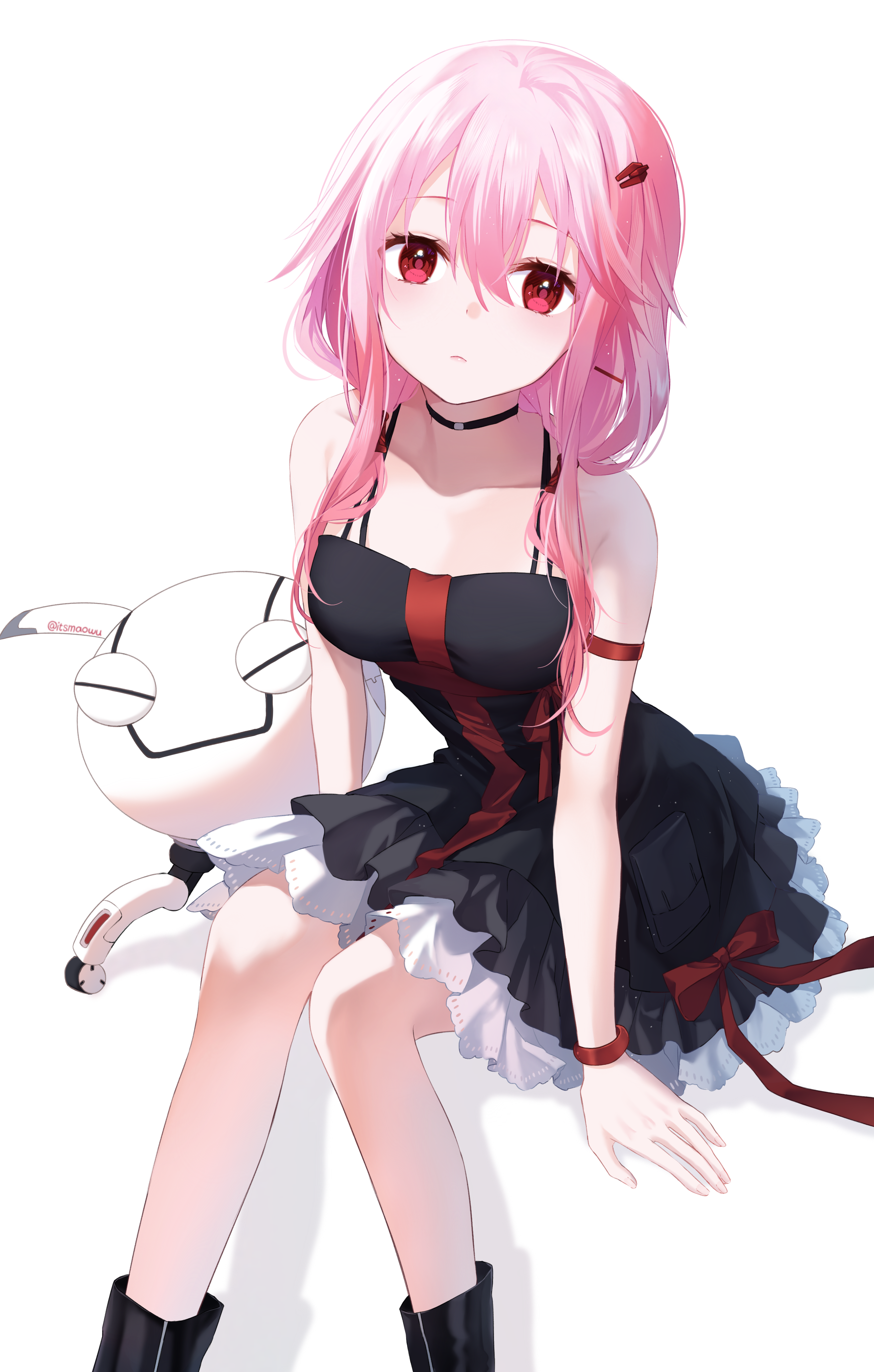 istriri, fyu-neru, yuzuriha inori, guilty crown, absurdres, commentary, highres, 1girl, 1other, armband, bare shoulders, black boots, black choker, black dress, boots, bracelet, choker, dress, feet out of frame, frilled dress, frills, hair between eyes, hair ornament, hair tubes, hairclip, jewelry, long hair, looking at viewer, official alternate costume, pink hair, red armband, red eyes, red ribbon, ribbon, simple background, twintails, twitter username, white background