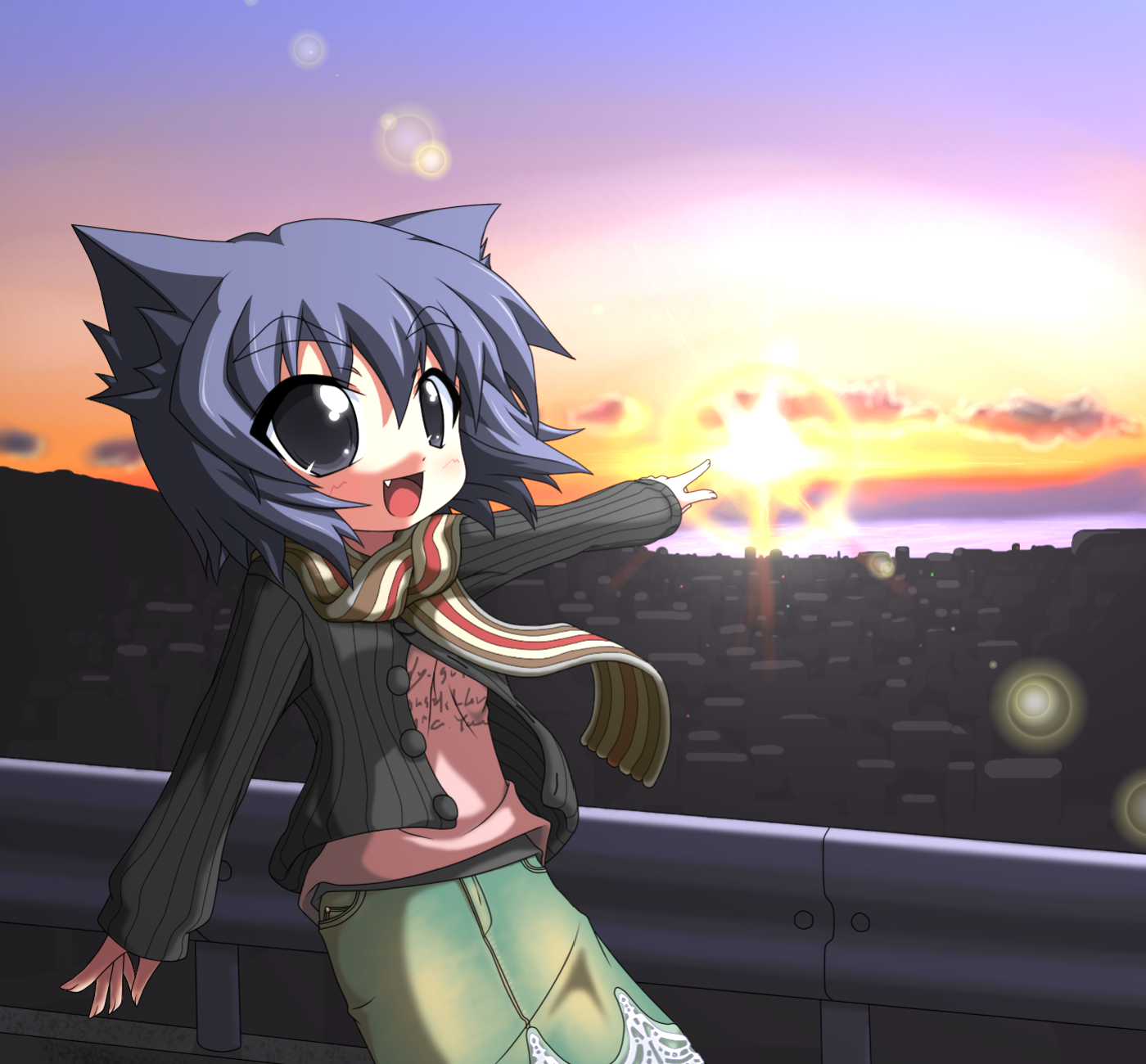 k10k, serizawa akane, pani poni dash!, bad id, bad pixiv id, highres, 00s, 1girl, :d, blue hair, blush, clothes writing, evening, female focus, green eyes, green skirt, jacket, light rays, long sleeves, open clothes, open jacket, open mouth, outdoors, shirt, short hair, skirt, smile, solo, standing, sun, sunlight, sunset, t-shirt