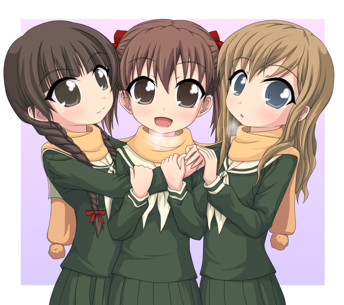 k10k, fukuzawa yumi, shimazu yoshino, toudou shimako, maria-sama ga miteru, bad id, bad pixiv id, 00s, 3girls, :d, black hair, blonde hair, blue eyes, blunt bangs, blush, brown hair, dress, green dress, green eyes, holding hands, long sleeves, looking at viewer, multiple girls, neckerchief, open mouth, sailor collar, sailor dress, scarf, school uniform, serafuku, shared clothes, shared scarf, smile, tareme, white neckerchief