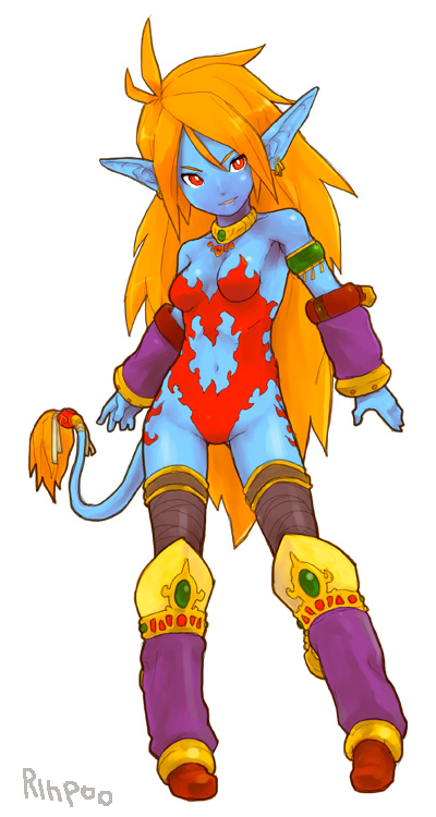 yuuna (alexi), katt (breath of fire), breath of fire, breath of fire ii, 1girl, blonde hair, boots, female focus, knee boots, nude, red eyes, solo, tail