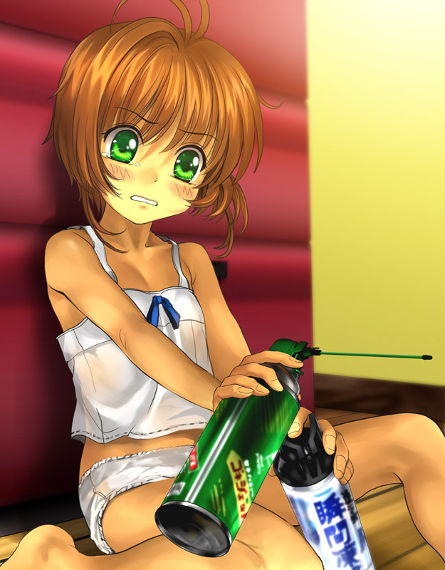 mutsuki (moonknives), kinomoto sakura, cardcaptor sakura, kodansha, 1990s (style), 1girl, aerosol, blush, brown hair, female focus, green eyes, loli, panties, retro artstyle, solo, tears, underwear, white panties