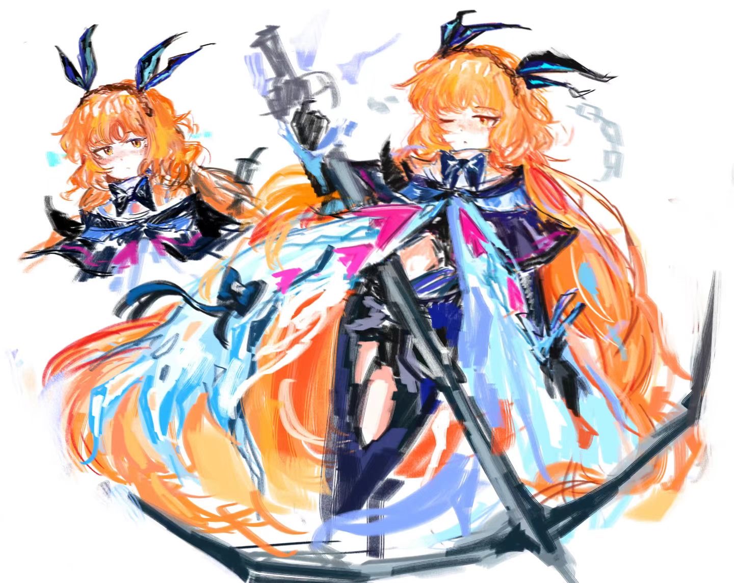 suancai629, ishmael (project moon), arknights, limbus company, project moon, 1girl, anchor, black bow, black bowtie, black capelet, black gloves, black pants, blush, bow, bowtie, capelet, gloves, hairband, holding, holding anchor, multiple views, one eye closed, orange eyes, orange hair, pants, rope, tidal elegy (e.g.o)