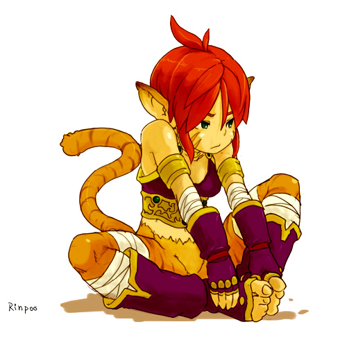 yuuna (alexi), katt (breath of fire), breath of fire, breath of fire ii, fur, lowres, animal ears, bandages, cat ears, cat tail, gloves, red hair, solo, tail