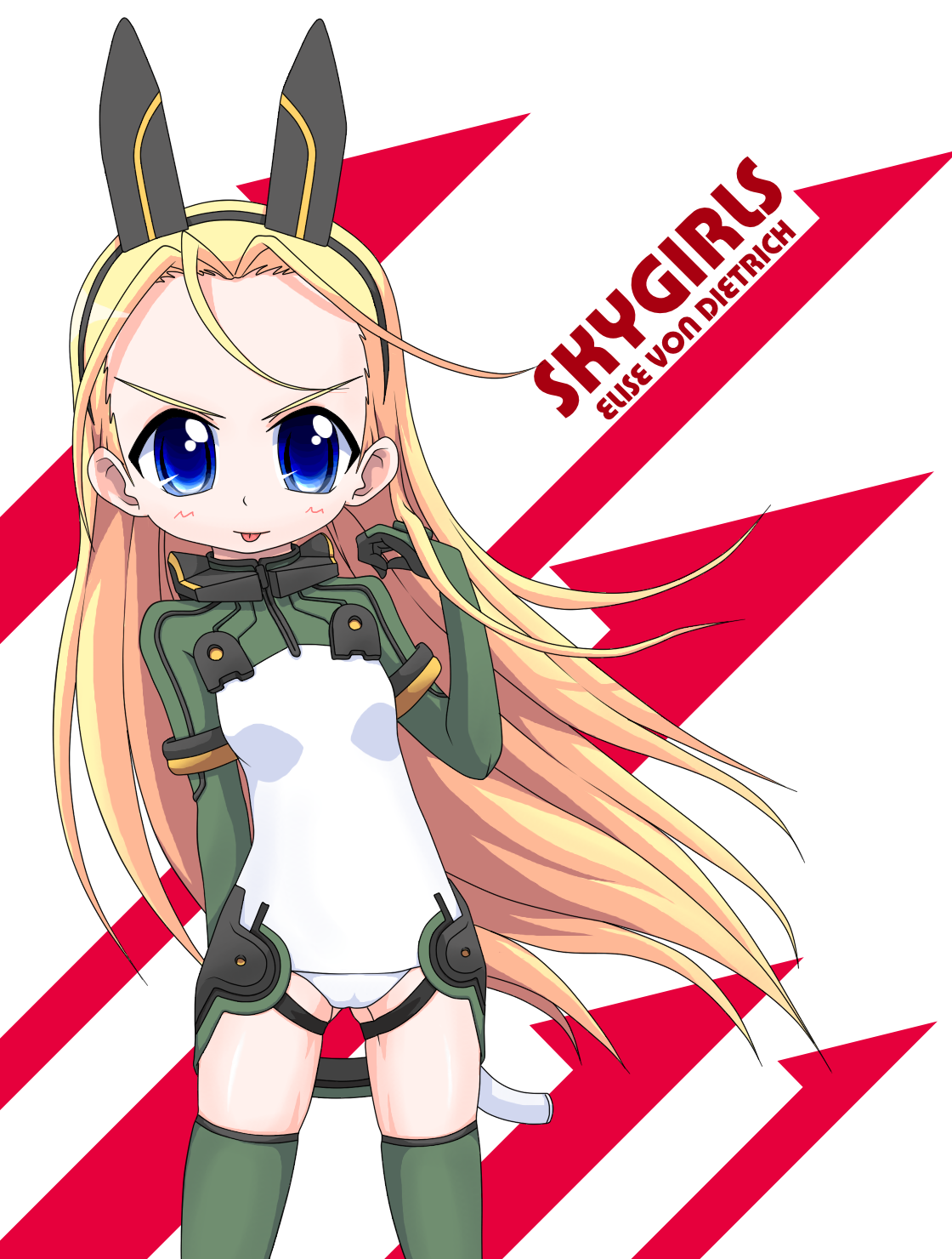 k10k, elise von dietrich, sky girls, pilot suit, bad id, highres, >:p, 00s, 1girl, :p, adjusting hair, animal ears, antenna hair, arm behind back, blonde hair, blue eyes, blush, breasts, character name, copyright name, cowboy shot, fake animal ears, female focus, gloves, green thighhighs, hairband, headgear, leotard, long hair, looking at viewer, mecha pilot suit, motion slit, motionslit, small breasts, solo, thighhighs, tongue, tongue out, v-shaped eyebrows, very long hair