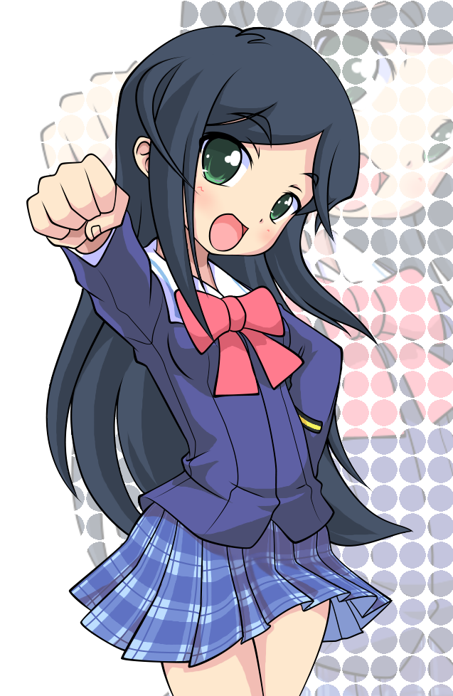 k10k, etou mei, gakuen utopia manabi straight!, 00s, 1girl, :d, bow, clenched hand, female focus, foreshortening, green eyes, hand on own hip, hip focus, long hair, massugu go, open mouth, pink bow, plaid clothes, plaid skirt, skirt, smile, solo, zoom layer