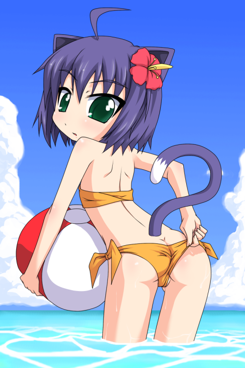k10k, midarezaki kyouka, kyouran kazoku nikki, 00s, 1girl, ?, adjusting clothes, adjusting swimsuit, ahoge, animal ears, ass, ball, beachball, bikini, blue hair, butt crack, cameltoe, cat ears, cat tail, day, female focus, flower, green eyes, hair flower, hair ornament, leaning forward, loli, ocean, short hair, side-tie bikini bottom, solo, swimsuit, tail, wading, water, wedgie, wet