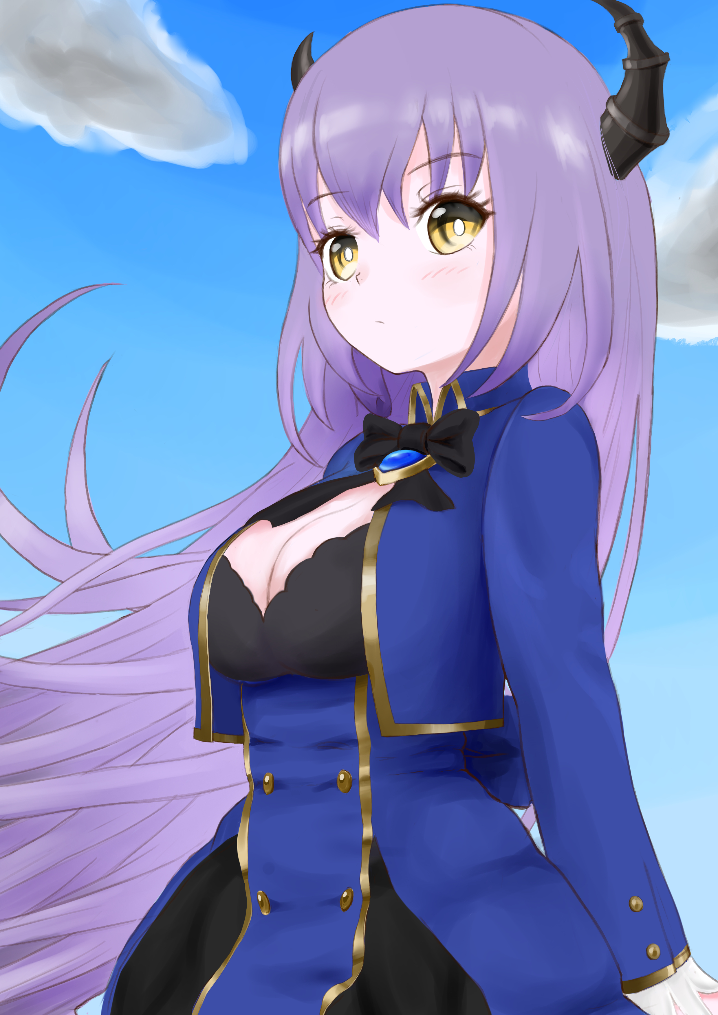 mir inverno (gakuen) (grimms notes), mir inverno (grimms notes), grimms notes, grimms notes gakuen, absurdres, highres, 1girl, black horns, breasts, cleavage, closed mouth, gebarona0716, horns, long hair, looking at viewer, no headwear, purple hair, solo, yellow eyes
