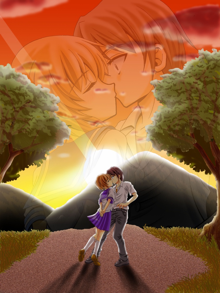 raika haruna, maebara keiichi, ryuuguu rena, higurashi no naku koro ni, 00s, 1boy, 1girl, closed eyes, cloud, couple, grass, hetero, kiss, mountain, orange hair, projected inset, road, school uniform, serafuku, shoes, short hair, skirt, sky, socks, sunset, surprised, tree, zoom layer