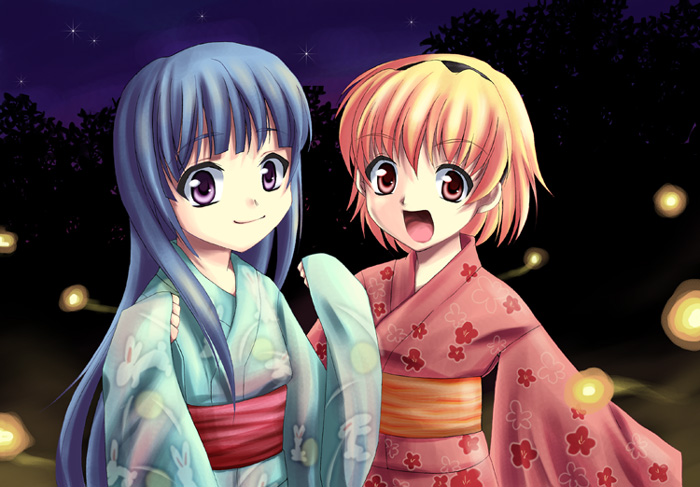 kanae arisu, furude rika, houjou satoko, higurashi no naku koro ni, 00s, 2girls, animal print, blonde hair, blue hair, blunt bangs, bug, female focus, fireflies, firefly, floral print, hairband, insect, japanese clothes, kimono, long hair, long sleeves, looking at viewer, multiple girls, night, open mouth, pink kimono, print kimono, purple eyes, rabbit print, red eyes, sash, short hair, sky, smile, star (sky), star (symbol), starry sky, tree, upper body, yukata