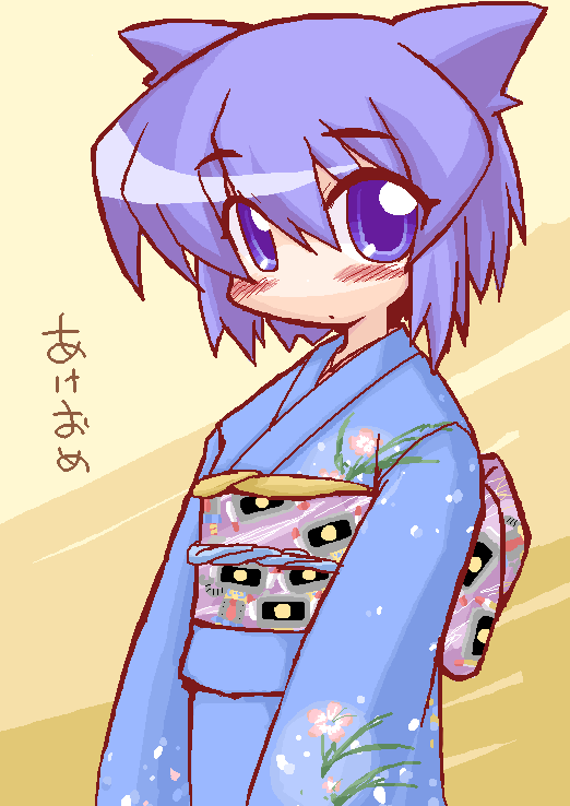 ikkyuu, serizawa akane, pani poni dash!, eyebrows, 00s, 1girl, blush, female focus, floral print, fox tail, japanese clothes, kimono, long sleeves, looking at viewer, obi, sash, short hair, solo, tail, tareme, upper body