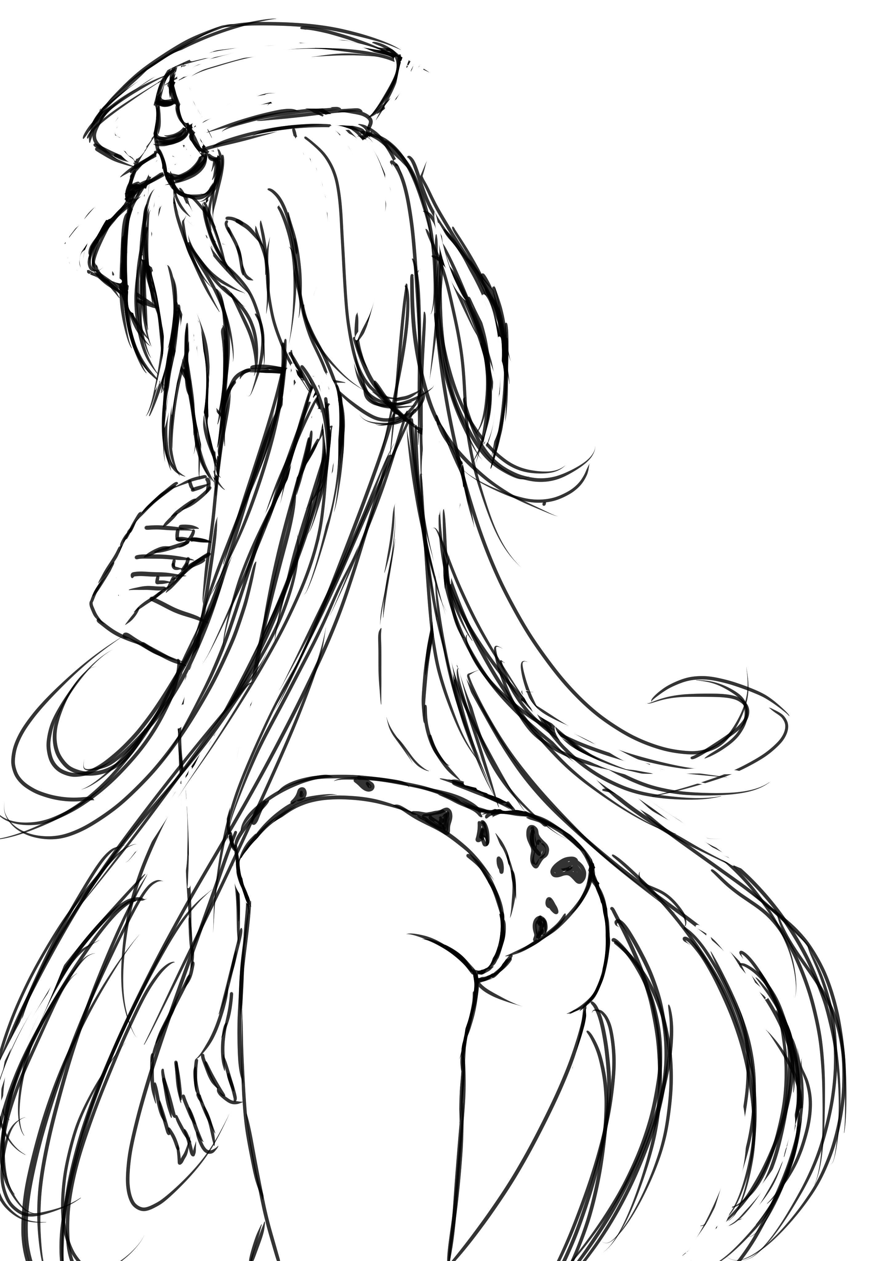 owltigerlizard, mir inverno (gakuen) (grimms notes), mir inverno (grimms notes), grimms notes, grimms notes gakuen, absurdres, highres, unfinished, 1girl, ass, back, blue hat, from behind, grey hair, hat, long hair, sketch, solo