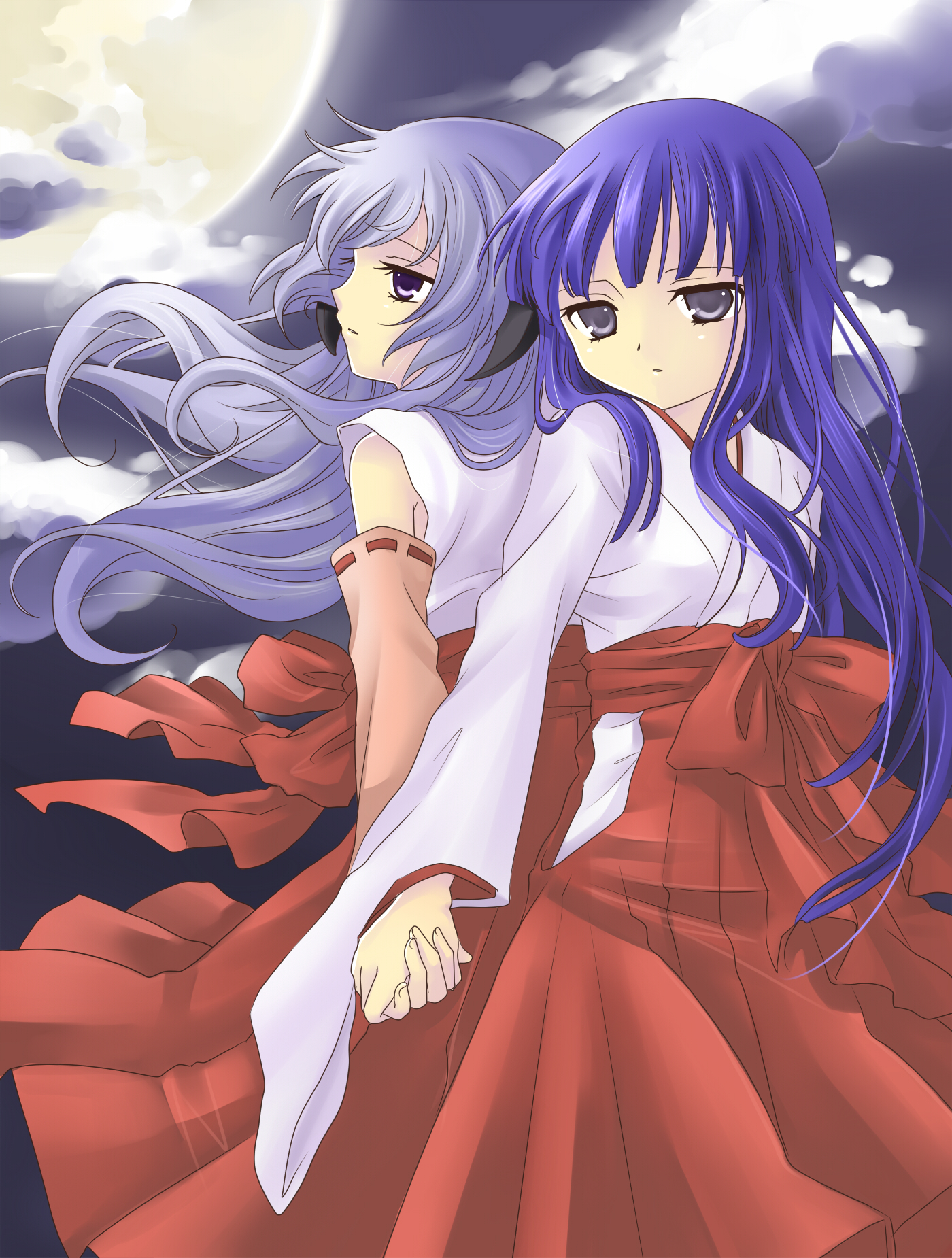 hanabana tsubomi, furude rika, hanyuu, higurashi no naku koro ni, highres, 00s, 2girls, back-to-back, blue hair, cloud, detached sleeves, hakama, hakama skirt, holding hands, horns, japanese clothes, long hair, miko, moon, multiple girls, night, purple eyes, purple hair, red hakama, skirt, sky
