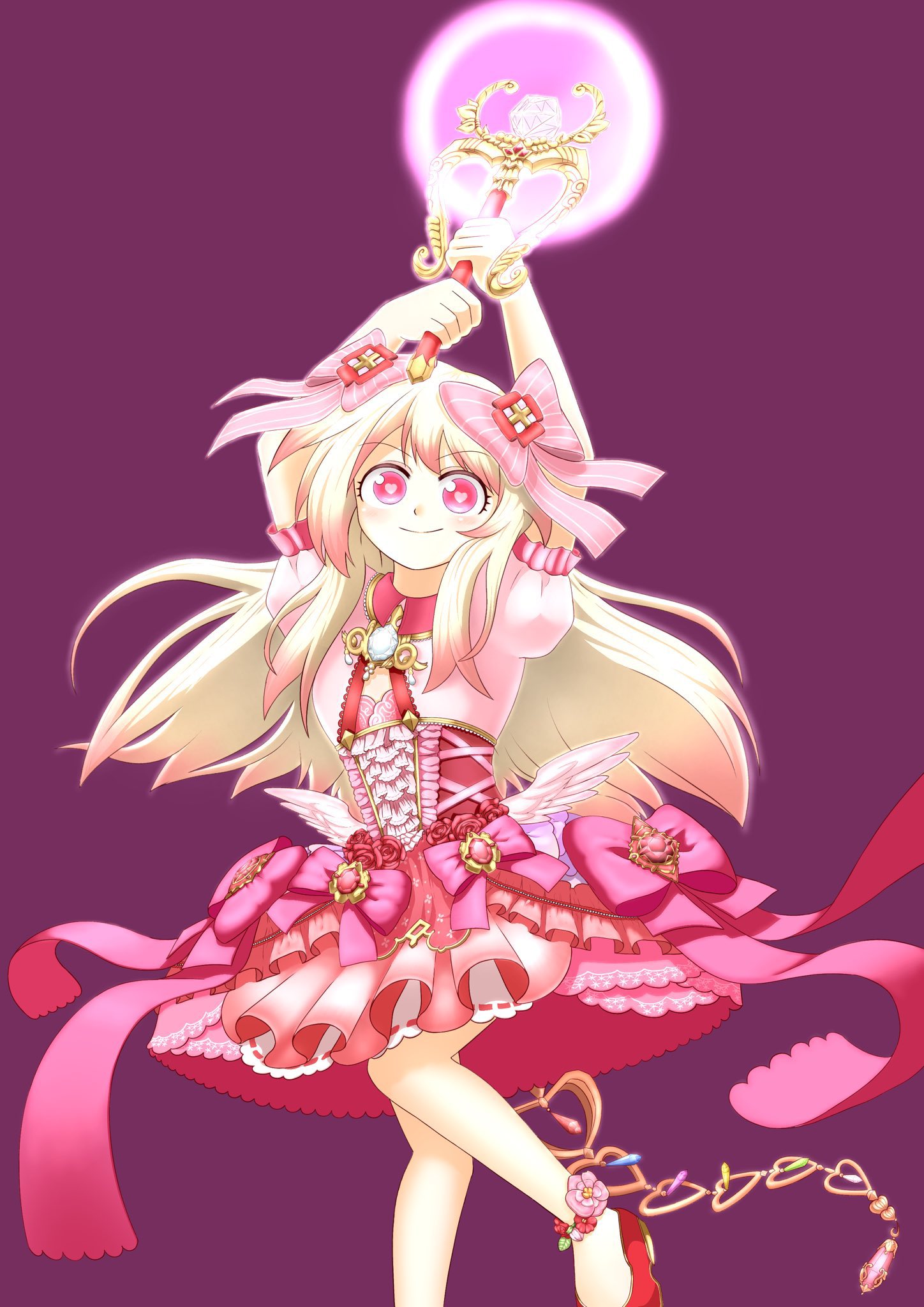 edgar0ekaki, chaos marie (grimms notes), grimms notes, highres, 1girl, arms up, blonde hair, holding, holding wand, long hair, looking at viewer, pink eyes, solo, wand