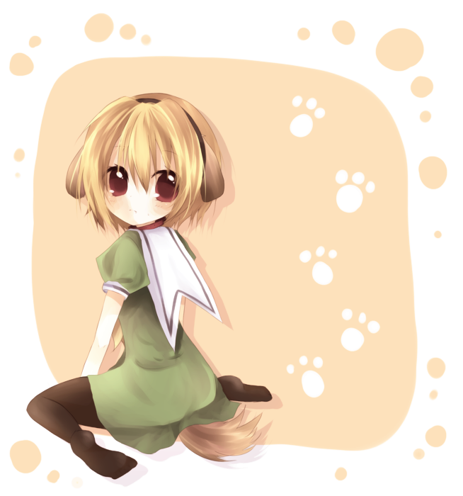 ou (swdp), houjou satoko, higurashi no naku koro ni, bad id, bad pixiv id, 00s, 1girl, animal ears, blonde hair, dog ears, dress, feet, hairband, headband, kneeling, looking back, no shoes, pantyhose, paw print, red eyes, school uniform, serafuku, short hair, sitting, tail, wariza